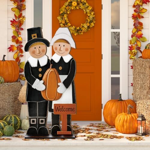 40 H Thanksgiving Wooden Porch Sign, Pilgrim Couple Porch Decor by Anglechic
