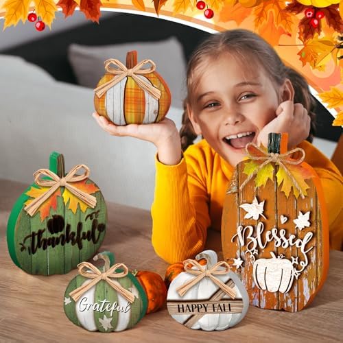 5 Pcs Fall Pumpkin Decor for Home Green Pumpkin Wooden Table Centerpiece - Image 4