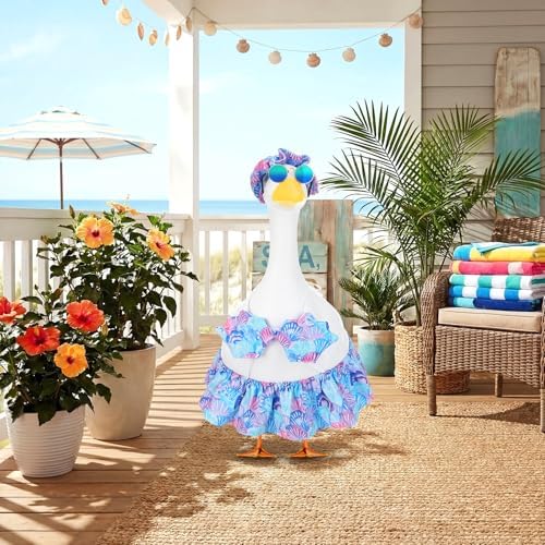 Abbylike Bikini Porch Goose Outfit Summer Hawaiian Goose Clothes Printed with Seashells Sun Hat Sunglass Fits 23'' Statue Cement Costume for Beach Yard Garden Lawn Pathway Patio Pool Decoration - Image 4