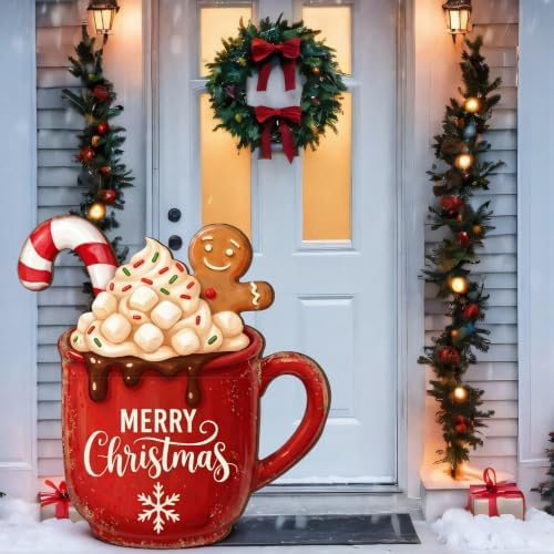 Beeveer Christmas Wooden Standing Front Door Porch Sign Hot Cocoa Gingerbread Man Welcome Standing Vintage Christmas Welcome Decor for Home Farm Front Door Yard Sign by Beeveer