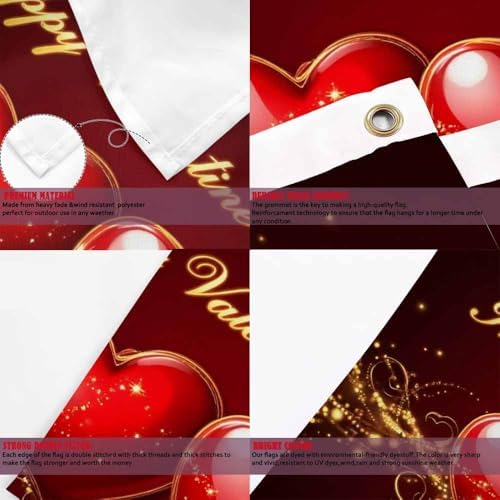 Yekiua Happy Valentines Day Flag 3X5 Sweet Red Love Heart Uv Fade Resistant Vivid Color - Canvas Header Double Stitched Flag With Brass Grommets - Image 4