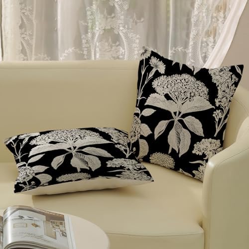 Vintage Floral Pillow Covers 16x16 Inch 2 Pcs Boho Black Hydrangea Flower Decor Throw Pillows Spring Summer Seasonal Outdoor Farmhouse Decoration Pillowcase Linen Cushion Cover for Couch - Image 4