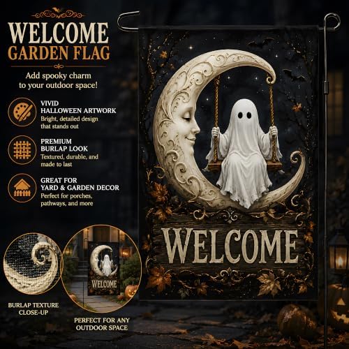 Halloween Decorations - Ghost Swinging on Moon Welcome Garden Flag - Image 4