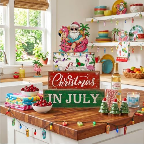 Lineshading 4 Pcs Christmas in July Table Decor Summer Santa Wooden Signs - Image 3