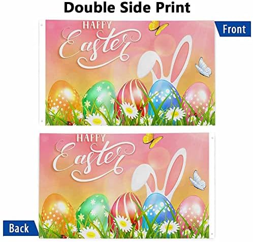Yekiua Easter Theme Flag 3X5 Ft Outdoor Bunny Ears Butterflies Colorful Eggs Grass Flowers Pink Nature Sun Beams Happy Easter Premium Strongest Longest Lasting Flag Vivid Color With Brass Grommets - Image 3