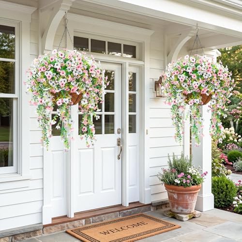 Artificial Flowers for Outdoors,8PCS Hanging Outdoor Faux Plants,UV Resistant Fake Flowers for Outdoor Planters,Realistic Fake Plants Spring Decor for Porch,Patio,Yard (PinkWhite) - Image 5