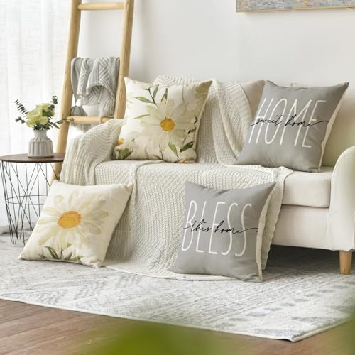 AVOIN colorlife Home Sweet Home Spring Summer Flowers Throw Pillow Covers, 16 x 16 Inch Grey Cushion Case for Sofa Couch Set of 4 - Image 2