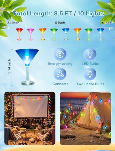 Cocktail Glass String Lights, 8.5FT 10 LED Summer String Lights with UL Certified Plug, Waterproof Tropical Party Decorations for Patio, Connectable Hawaiian Lights for Garden Backyard Bar Decor - Image 5