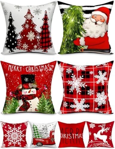 Double-Sided Print Christmas Pillow Covers 20''x20'', Set of 4, 8 Christmas Patterns Christmas Tree, Snowman, Snowflakes, Merry Christmas, Deer, Santa Claus,Truck, Let It Snow, Soft Linen Material by TOYPOPOR