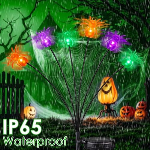 OZS 6Pack Total 36LED Spider Solar Halloween Lights Outdoor - Solar Firefly Lights Outdoor, Sway by Wind, Waterproof for Garden Patio Pathway Halloween Decorations (Purple Orange Green) - Image 2
