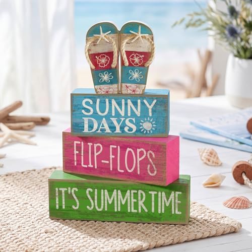 Lineshading 4 Pcs Flip Flop Beach Summer Wooden Block Signs Table Decor - Image 4