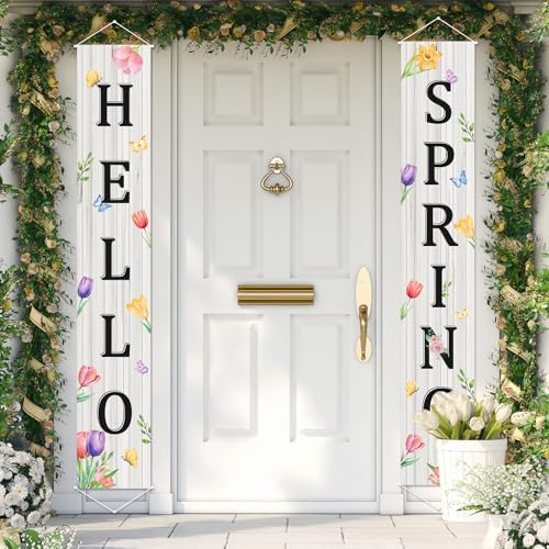Hello Spring Banner Decorations Set of 2, 11.8" x 71" Spring Floral Porch Banners, Hello Spring Sign Decorations for Front Door Porch Wall Yard Party Supplies Indoor Outdoor Decoration (White) by Yewfold