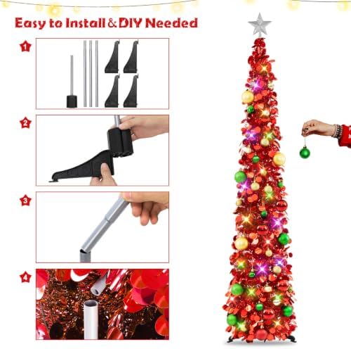 N&T NIETING Pop Up Christmas Tree with Lights & Ornaments, 6FT, Red - Image 4