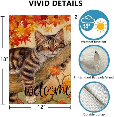 Fall Cat Garden Flag 12x18 in Vertical Double Sided Welcome Autumn Leaves Thanksgiving Decor Harvest Holiday Outside Decorations Burlap Yard Flag - Image 3