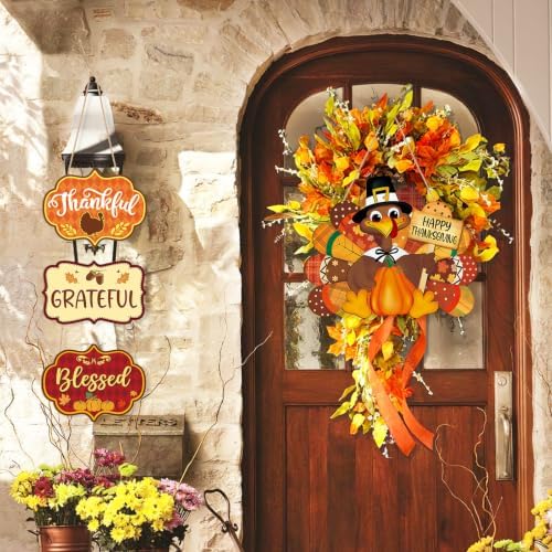 Thanksgiving Decoration Wood Pumpkin Turkey Door Wall Wreath for Front Door Sign Thankful Blessed Grateful, Pumpkin Sign for Fall Autumn Harvest Home Thanksgiving Party Outdoor Halloween Decoration - Image 3