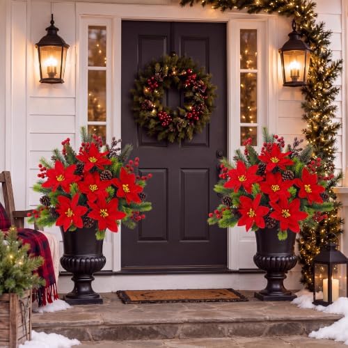 Daifunli 6 Pcs Christmas Poinsettias Artificial Flowers for Outdoors 14'' - Image 5
