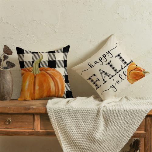 Fall Pillow Covers 18x18 Thanksgiving Farmhouse Decorations Buffalo Plaid Pumpkin Maple Leaf Outdoor Fall Decor Throw Pillow Covers Blessed Autumn Harvest Cushion Case for Sofa Couch Set of 4 - Image 3