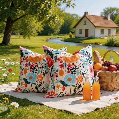 Outdoor Waterproof Throw Pillow Covers Set of 2 Floral Printed Blue Pink Orange Red Flower Pillowcase Farmhouse Outdoor Pillow Covers Square 20x20 Inch for Sofa Garden Patio Funiture Bench - Image 3