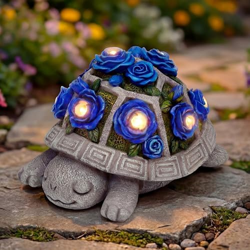 Solar Garden Outdoor Decor Turtle Statue with Dark Blue Roses & 7 LED Lights – Outside Tortoise Decor for Yard Patio Balcony & Backyard - Home House Decoration Art- Gift for Women Mom & Grandma by Snclriao