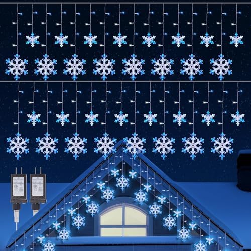 Minetom Christmas Snowflake Lights - 2 Pack 13 ft 192 LED Icicle Lights with 16 Drops, 12 Modes and Timer, IP65 Waterproof Connectable Christmas Light for House Eave Window Indoor Outdoor Decoration by Minetom