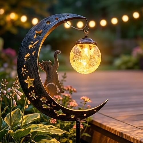Hummingbird Moon Solar Garden Stake Light,Solar Garden Lights Outdoor Decor,Crackle Glass Fairy Lights,Solar Lights for Garden,Metal Stake Ornament for Patio Lawn Pathway Decor (Cat) by HAEYIA