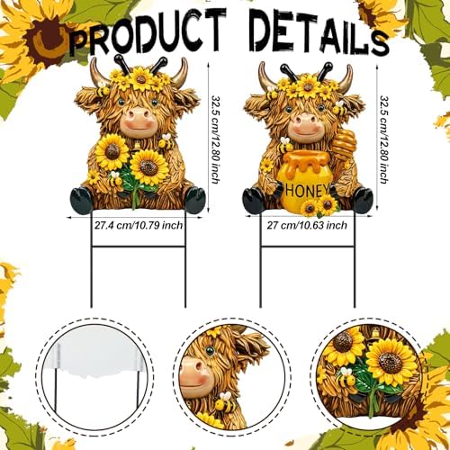 Amyhill 2 Pcs Highland Cow Outdoor Decor, Sunflower Bee Metal Garden Stakes, Honey Themed Yard Signs for Spring Summer, Patio Lawn Walkway Decorations, Cute Cow Gifts for Garden Lovers - Image 3