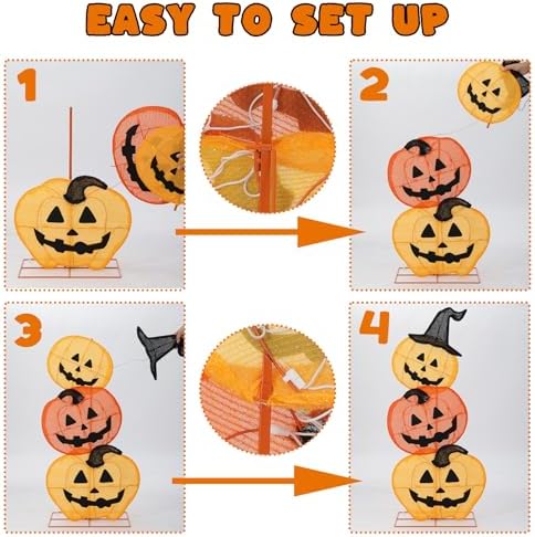 Halloween Lighted 3 Stacked Pumpkins, 39’’ H Pre-Lit Lighted Pumpkins with 50 Warm White Lights, Light Up Halloween Pumpkin Decoration for Indoor, Outdoor, Porch, Yard, Holiday Decor - Image 4