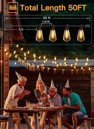 Ollny 50FT Outdoor String Lights, Shatterproof Connectable Patio Lights with 25+2 Spare ST38 Vintage Bulbs, 2200K Warm White Waterproof Outside Hanging Light for Camping Yard Gazebo Porch Balcony - Image 2