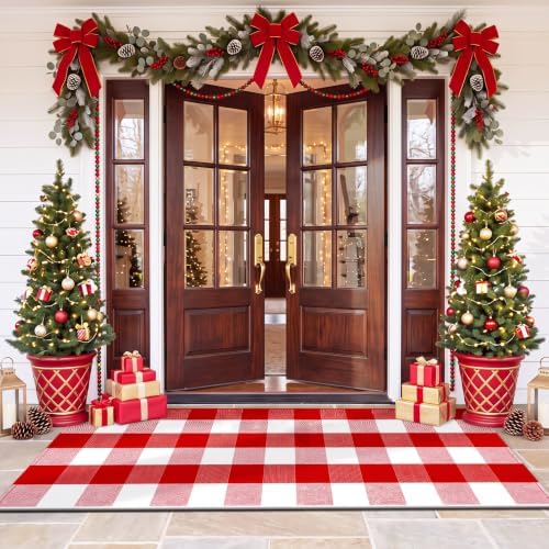 Duraaamo Red White Buffalo Plaid Runner Rug 2' x 5' for Christmas Decor by Duraaamo