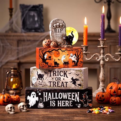 Colingmill 4 Pcs Halloween Table Decor Wooden Stacked Ghost Tombstone Block - Image 2