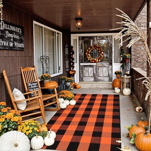 Uphome Bufflo Plaid Outdoor Rug 3'x5', Fall Decor Checkered Front Door Mat, Halloween Indoor Outdoor Porch Rug for Layered Door Mats, Washable Farmhouse Black/Orange Area Rugs for Patio Entryway - Image 7