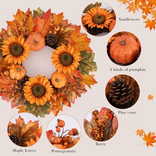 20 Inch Fall Wreaths for Front Door, Autumn Wreath with Hanger - Image 4