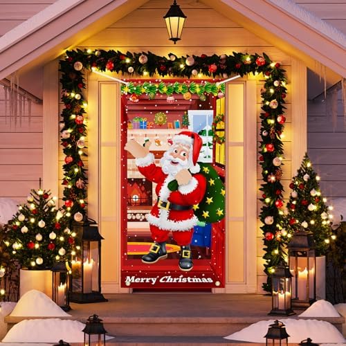 Christmas Door Cover Santa Claus Decoration Xmas Large Photography Background Banner Porch Sign for Winter Indoor Outside Front Door Banner Farmhouse Party Supplies 6 x 3 Feet Santa - Image 4