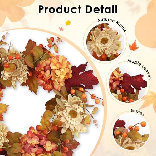 Fall Wreaths for Front Door Decor Artificial Flower, 20" Chrysanthemum - Image 4