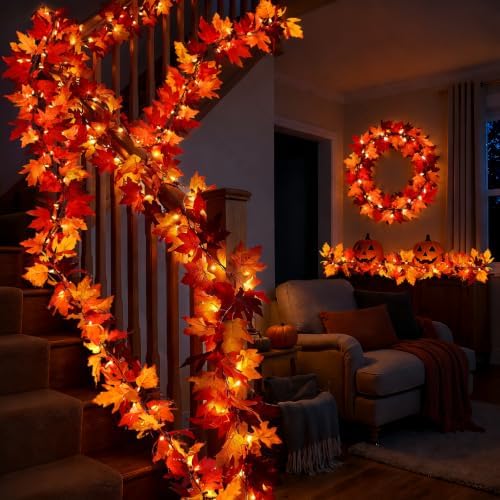 2 Pack 12Ft 50 LED Fall Garland with Lights,8 Modes Waterproof Battery Operated Fall Decorations Lights for Mantle Fireplace Table Indoor Thanksgiving Decor - Image 6