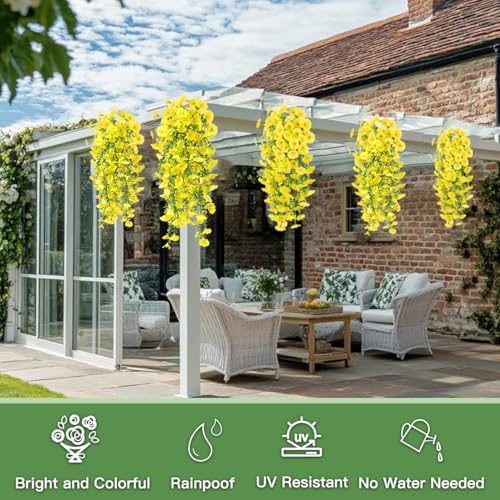 Artificial Flowers for Outdoors Fake Morning Glory Hanging Flower Decoration, 6 Pcs Realistic Faux Plants Petunias Trailing Vines, Spring Summer Decor for Porch Patio Balcony Planter Yard(Yellow) - Image 7