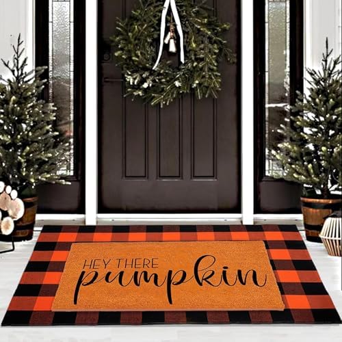 Fall Decor Door Mat Combo Set, Welcome Mat + 28 x 43 Inches Orange Black Checkered Buffalo Plaid Area Rugs for Autumn Thanksgiving Halloween Home Decorations Hey There Pumpkin - Image 6