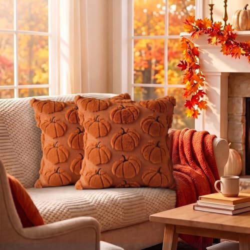 Fall Pillow Covers Pumpkin Fall Decor 16x16 Set of 2 Caramel - Image 4