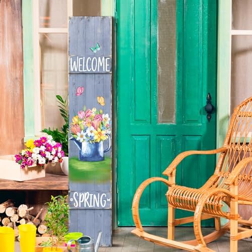 47" Spring Porch Sign Wooden Flower Butterfly Sign for Front Porch Spring Vertical Welcome Wood Signs for Front Standing Vertical Rustic Patio Door Decor for Farmhouse Door Home Entryway - Image 6