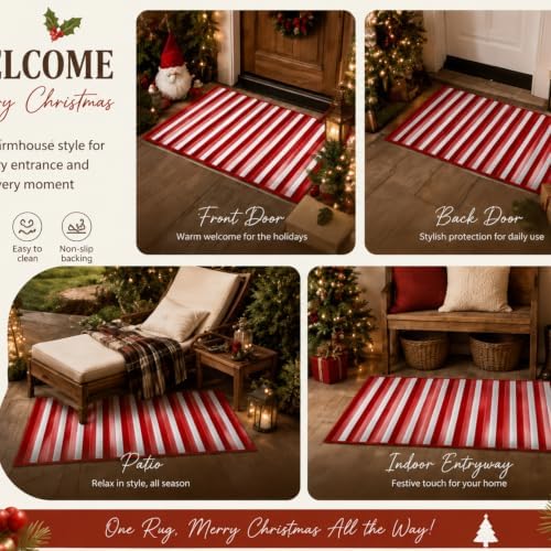 Moucuny Christmas Red Pink White Vertical Stripe Outdoor Rug 2' X 3'Doormat - Image 6