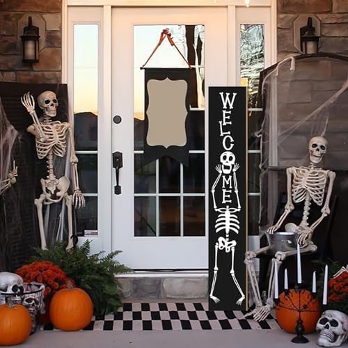 Halloween Porch Sign Boo Sign For Front Porch Skull Wooden Vertical Welcome Sign Yard Standing Decorative Signs Plaques for Front Door Farmhouse Outdoor Indoor Welcome Sign Wall Decor 47.2"H - Image 2