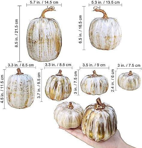 Winlyn 10 Pcs Assorted Fall Artificial Pumpkins - Gold & White Decorative Foam Pumpkins for Wedding, Thanksgiving, Halloween, Baby Shower, Tabletop, Centerpiece, Mantel Decor - Image 2