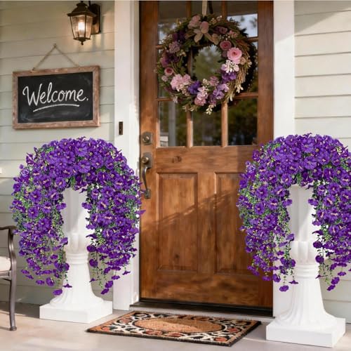 Artificial Hanging Flowers for Outdoors, 2 PCS 300 Blooms UV Resistant Morning Glory Faux Silk Vines, No-Odor Realistic Fake Plants for Garden Planter Porch Patio Decoration, Purple - Image 5
