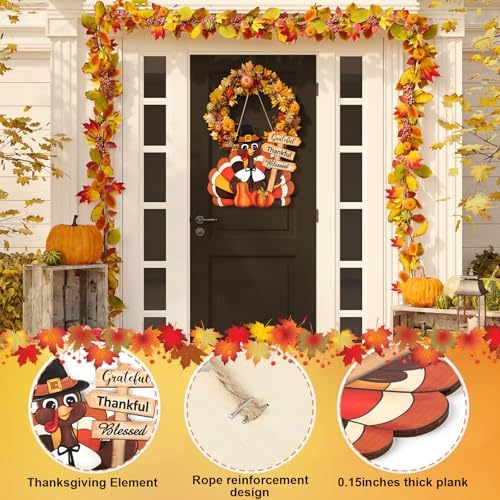 Thanksgiving Decoration Wooden Turkey Pumpkin Door Wreath for Front Door Sign Wall Signs, Thankful Blessed Grateful Pumpkin Sign Hanging for Fall Autumn Harvest Home Halloween Decoration - Image 2