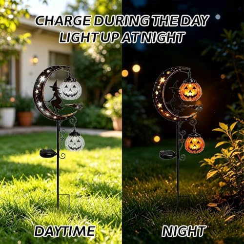 Solar Halloween Black Cat & Pumpkin Moon Garden Stake Light, Outdoor Waterproof LED Yard Decoration with Crescent Moon, Hanging Jack-o'-Lantern Lantern for Patio Lawn Path Yard (D #) - Image 4
