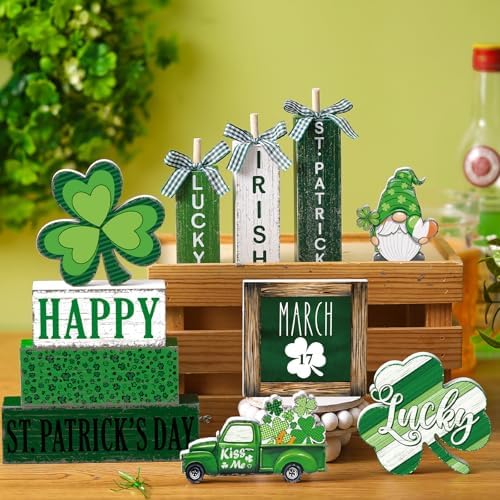 Vercraft 11 Pcs St. Patrick's Day Table Decorations Shamrocks Tiered Tray Home Decor Irish Centerpiece Decorative Wood Books Table Top Decor Clover Wooden Sign for Party Supplies - Image 6
