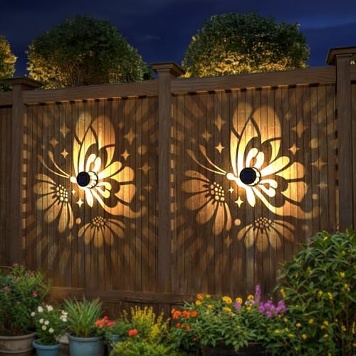 Hapjoy Solar Fence Lights 4 Pack Solar Deck Lamps Outdoor Decorations Powered Step Lights Wall Waterproof LED Warm Decorative Lighting for Garden (Butterfly-Flower, 4) - Image 4