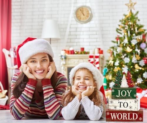 4 Pcs Christmas Tiered Tray Decor, Rustic Distressed Wooden Stacked Block Signs, 3‑Color Christmas Tree 3D Topper Xmas Table Centerpiece, Farmhouse Winter Holiday Mantel Kitchen Shelf Decor - Image 5