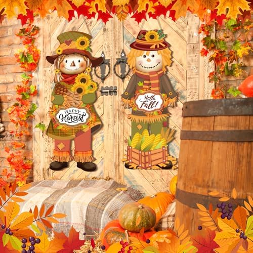 4 Pcs Outdoor Fall Thanksgiving Decoration for Home Scarecrow Decoration for Front Door 10 x 25.6 Inch Fall Hanging Decor Thanksgiving Wooden Scarecrow Wall Decor for Home Indoor Outdoor Porch Yard - Image 4