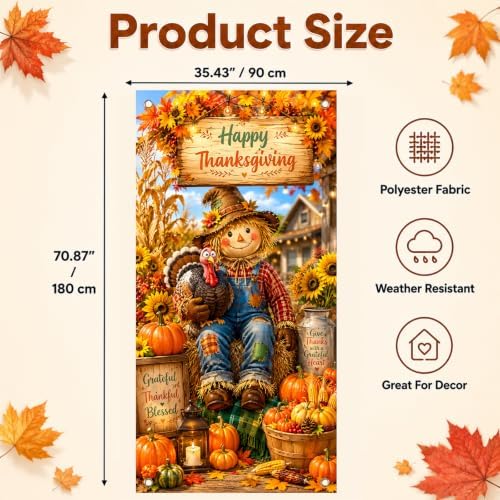 BlissYard Thanksgiving Door Cover Scarecrow Turkey 35 x 71 Inch - Image 2